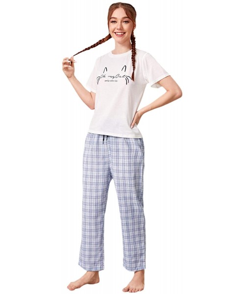 Sets Women's Cartoon Print Short Sleeve Tee and Pants Sleepwear PJ Pajama Set - Blue Gingham - CU19ESQ37DX