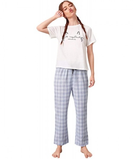 Sets Women's Cartoon Print Short Sleeve Tee and Pants Sleepwear PJ Pajama Set - Blue Gingham - CU19ESQ37DX