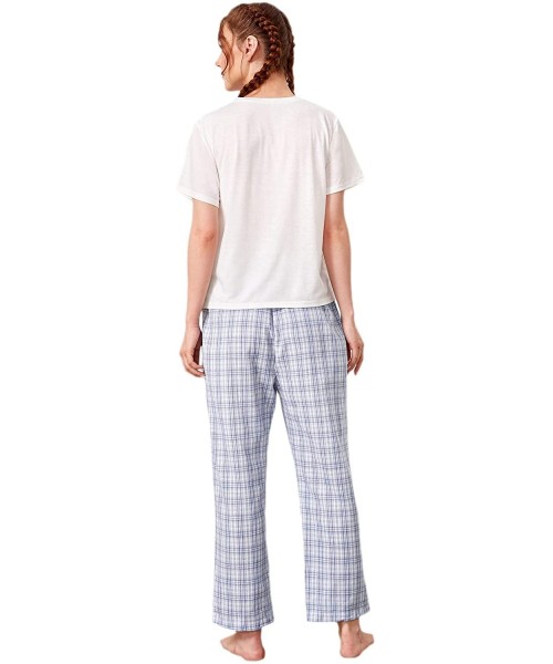 Sets Women's Cartoon Print Short Sleeve Tee and Pants Sleepwear PJ Pajama Set - Blue Gingham - CU19ESQ37DX