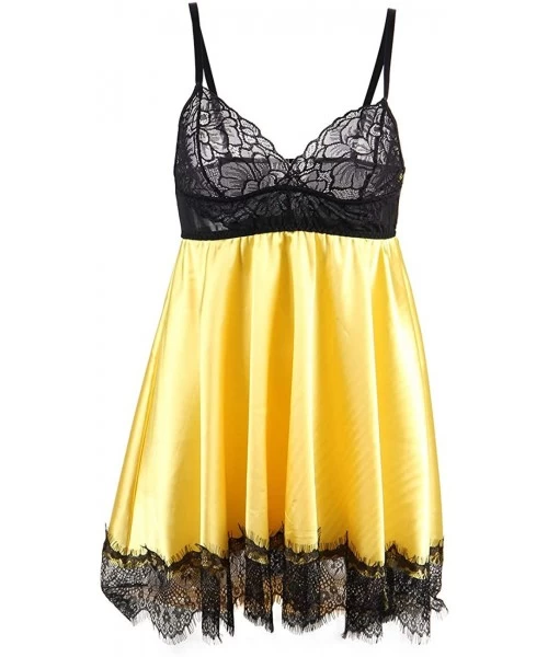 Baby Dolls & Chemises Women Lace Chemise Satin Silk Sleepwear V Neck Babydoll Lingerie with Eyepatch - Yellow - CW19DELRET6