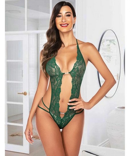 Baby Dolls & Chemises Women Deep V Lingerie Lace Babydoll Mini Bodysuit - Dark Green - C118ZCZYSZK