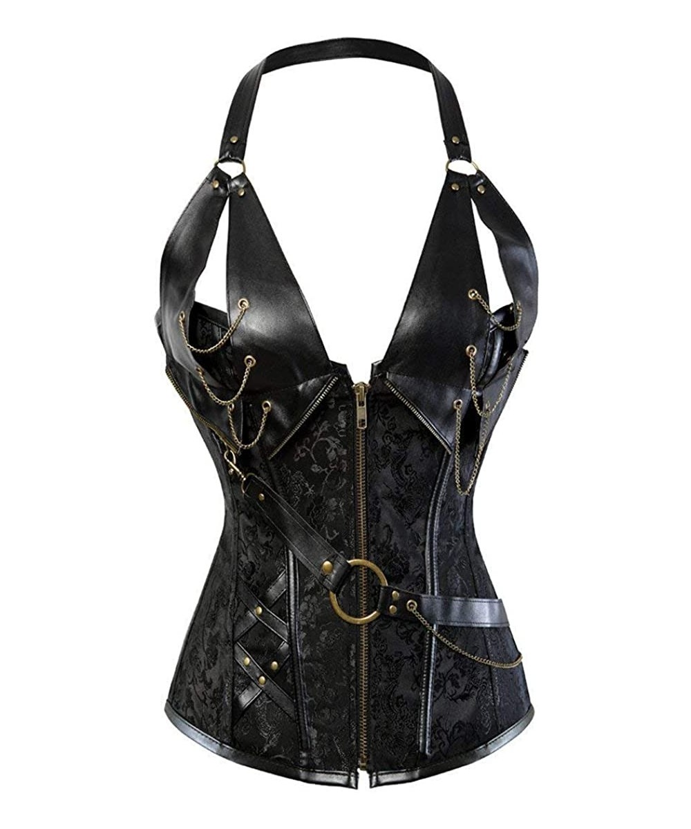 Bustiers & Corsets Women's Punk Rock Faux Leather Corset Waist Cincher Bustier Tops Overbust Corset - Black - CF18I0G4DHW