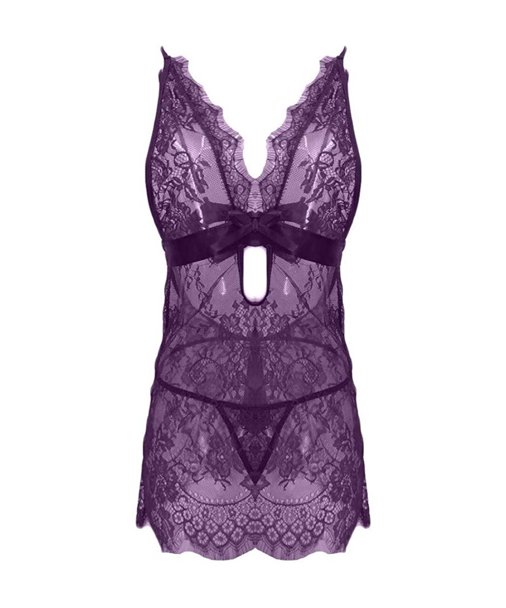 Shapewear Women Sexy Lingerie Black Eyelash Lace Bow Chemise Babydoll Nightwear Floral Thin Lingeries - Purple - C218RNQNRRC