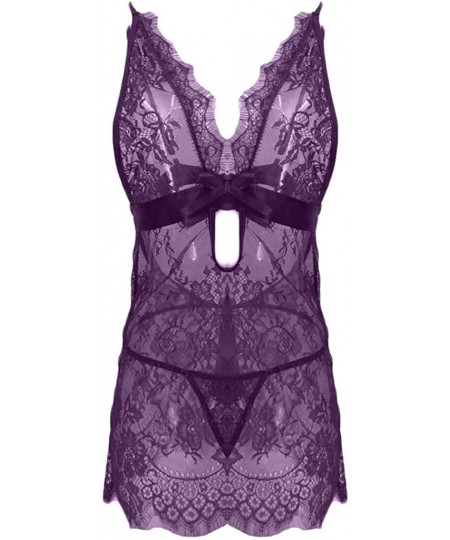 Shapewear Women Sexy Lingerie Black Eyelash Lace Bow Chemise Babydoll Nightwear Floral Thin Lingeries - Purple - C218RNQNRRC