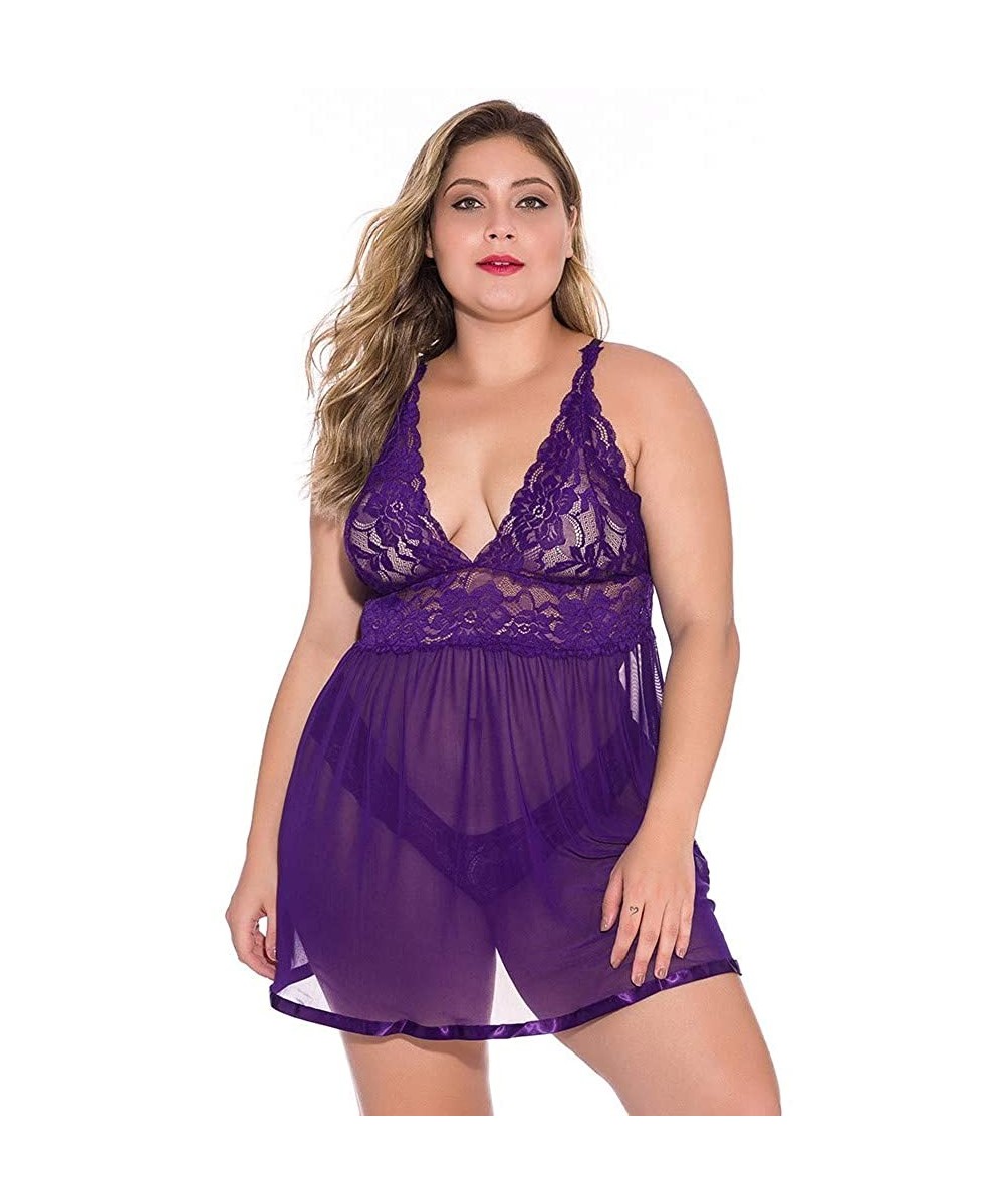 Baby Dolls & Chemises Women V Neck Lace Nightdress Plus Size Chemise Babydoll Bodysuit Sleepdress Lingerie - Purple - C91973D...