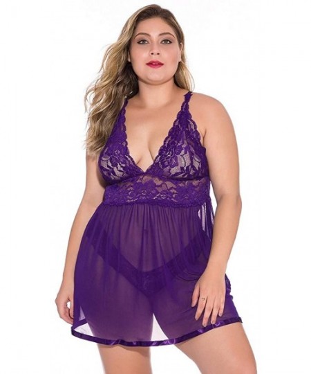 Baby Dolls & Chemises Women V Neck Lace Nightdress Plus Size Chemise Babydoll Bodysuit Sleepdress Lingerie - Purple - C91973D...