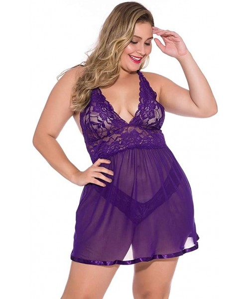 Baby Dolls & Chemises Women V Neck Lace Nightdress Plus Size Chemise Babydoll Bodysuit Sleepdress Lingerie - Purple - C91973D...