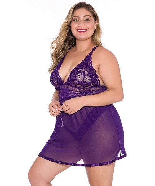 Baby Dolls & Chemises Women V Neck Lace Nightdress Plus Size Chemise Babydoll Bodysuit Sleepdress Lingerie - Purple - C91973D...