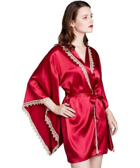 Robes Ladies Sexy Wine-red Kimono Satin Dressing Gown Nightdress Nightgown Sleepwear Bathrobes - Wine-red a - CU197YMOMAO