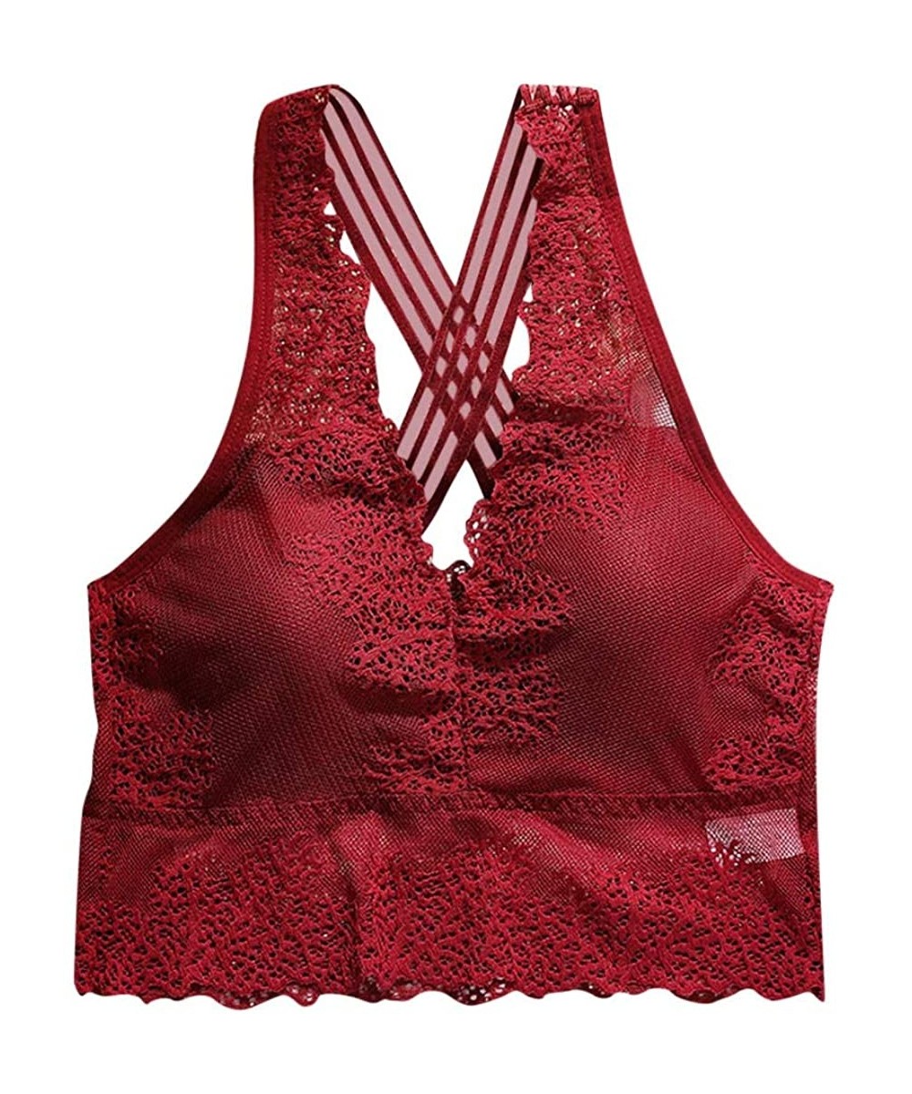 Slips Women Detachable Lapel Vest with Lace Inserts Solid T-Shirts Tops Camisole - Wine - C7199UHAODH