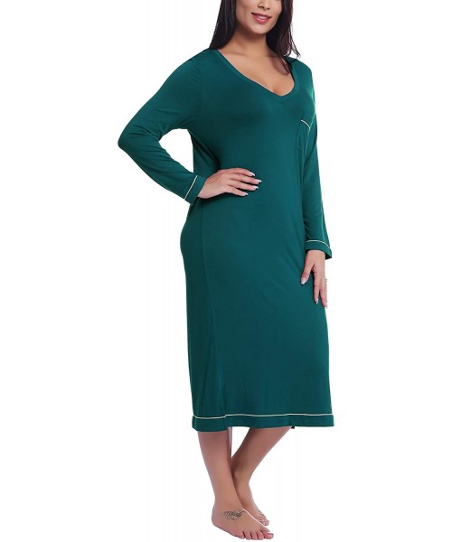 Nightgowns & Sleepshirts Womens Soft Bamboo Long Sleeve V-Neck Nightgown Night Shirt Sleep Dress - Green - C418ZKT4MR4