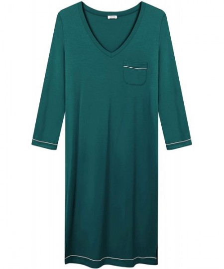 Nightgowns & Sleepshirts Womens Soft Bamboo Long Sleeve V-Neck Nightgown Night Shirt Sleep Dress - Green - C418ZKT4MR4