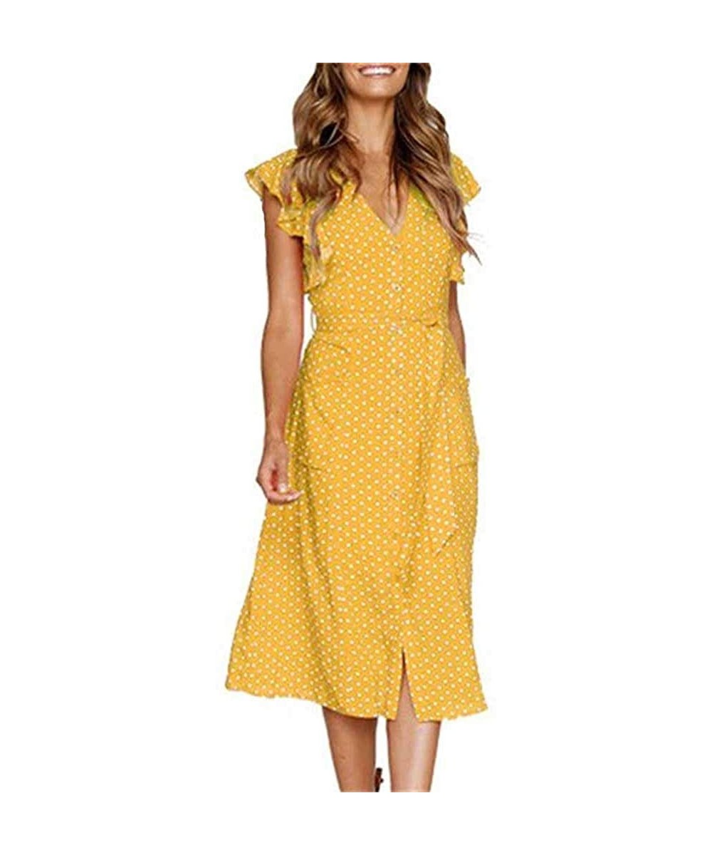 Robes Sexy Sundress- Womens Boho Polka-dot Sleeveless Irregular Cocktail Midi Dress - Yellow - CW18STWHQW7