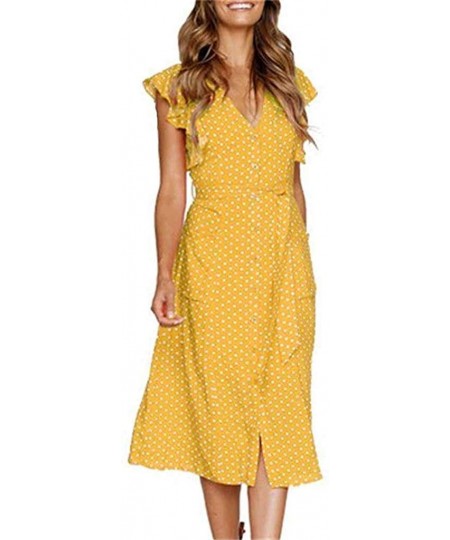 Robes Sexy Sundress- Womens Boho Polka-dot Sleeveless Irregular Cocktail Midi Dress - Yellow - CW18STWHQW7