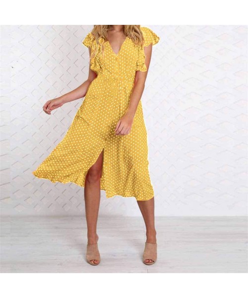 Robes Sexy Sundress- Womens Boho Polka-dot Sleeveless Irregular Cocktail Midi Dress - Yellow - CW18STWHQW7