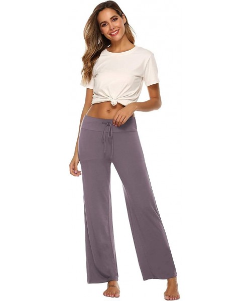 Bottoms Pajama Pants for Women High Waist Yoga Pants Drawstring Palazzo Lounge Pants Wide Leg Sleep Bottoms - Violet - CT1989...