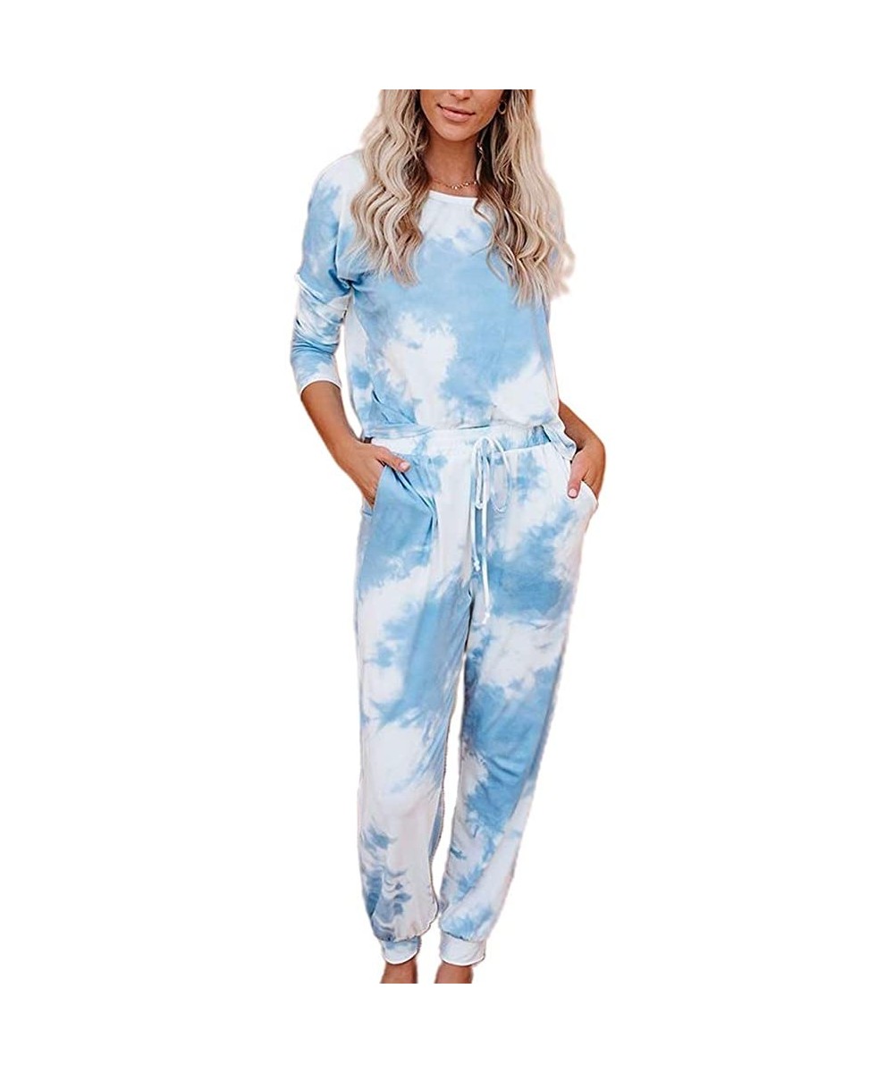 Bottoms Tie Dye Loungewear for Women- Long Sleeve Tops and Shorts 2 Piece Pajamas Set Sleepwear - J Sky Blue - CF19DNSAHR4