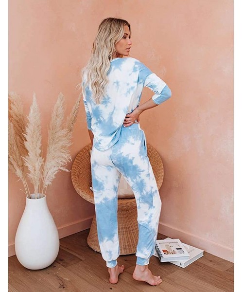 Bottoms Tie Dye Loungewear for Women- Long Sleeve Tops and Shorts 2 Piece Pajamas Set Sleepwear - J Sky Blue - CF19DNSAHR4