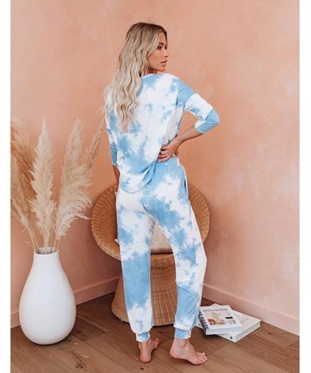 Bottoms Tie Dye Loungewear for Women- Long Sleeve Tops and Shorts 2 Piece Pajamas Set Sleepwear - J Sky Blue - CF19DNSAHR4