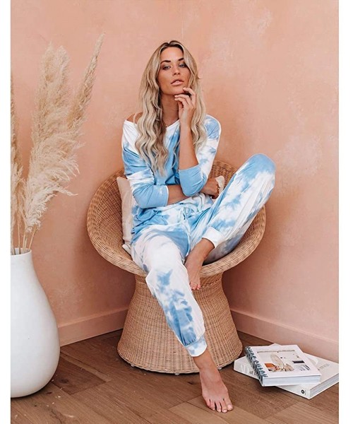 Bottoms Tie Dye Loungewear for Women- Long Sleeve Tops and Shorts 2 Piece Pajamas Set Sleepwear - J Sky Blue - CF19DNSAHR4