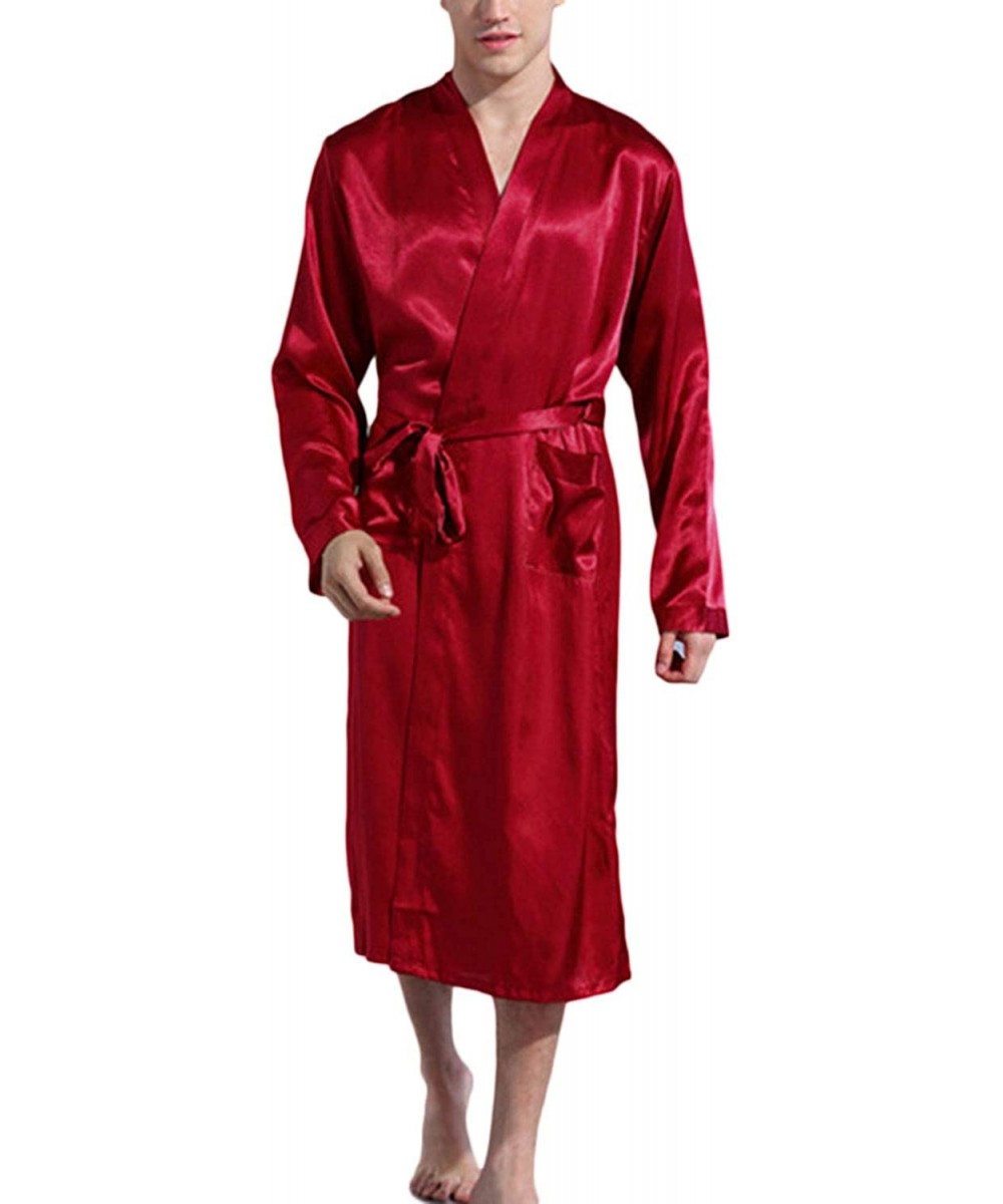 Robes Mens Satin Bathrobes Slik Kimono Long Bandage Bathrobe Sleepwear - Red - CH18UW3D957