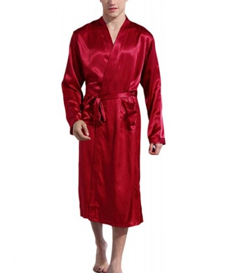 Robes Mens Satin Bathrobes Slik Kimono Long Bandage Bathrobe Sleepwear - Red - CH18UW3D957