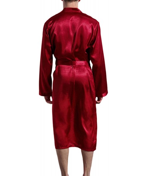 Robes Mens Satin Bathrobes Slik Kimono Long Bandage Bathrobe Sleepwear - Red - CH18UW3D957