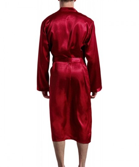 Robes Mens Satin Bathrobes Slik Kimono Long Bandage Bathrobe Sleepwear - Red - CH18UW3D957