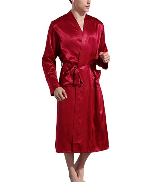 Robes Mens Satin Bathrobes Slik Kimono Long Bandage Bathrobe Sleepwear - Red - CH18UW3D957