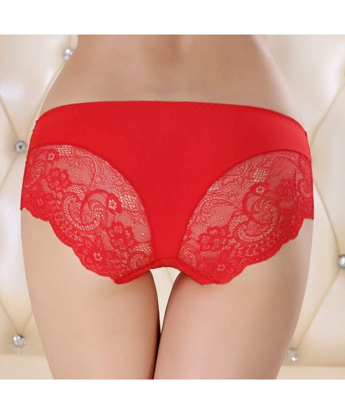 Baby Dolls & Chemises Women Sexy Pure Cotton Knickers Transparent LCE-Silk Seamless Lady's Underpants - Red - CF18X7748CE