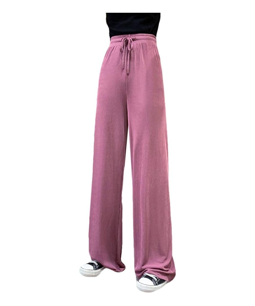 Bottoms Women's Solid Summer Drawstring Loose Fit Lightweight Wide Leg Palazzo Lounge Pants - Rose Red - CO19E3XS97G