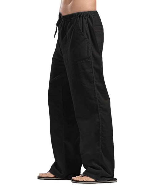 Sleep Bottoms Men's Linen Pants Casual Elastic Waist Drawstring Yoga Beach Trousers - 1 - Black - C118WH6XND5