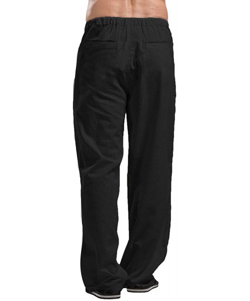 Sleep Bottoms Men's Linen Pants Casual Elastic Waist Drawstring Yoga Beach Trousers - 1 - Black - C118WH6XND5