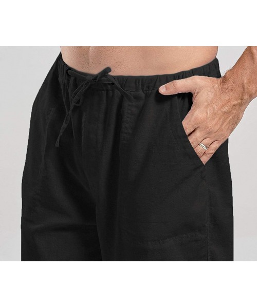 Sleep Bottoms Men's Linen Pants Casual Elastic Waist Drawstring Yoga Beach Trousers - 1 - Black - C118WH6XND5