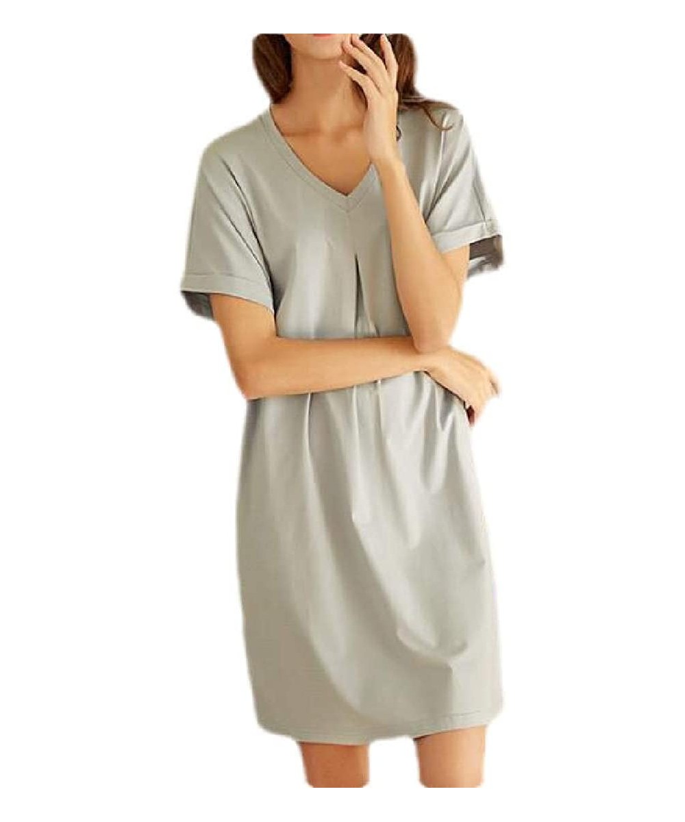 Nightgowns & Sleepshirts V Neck Short Sleeve Loose Loungewear Modal Sleepwear Nightgown - 3 - CK19DSO780Z