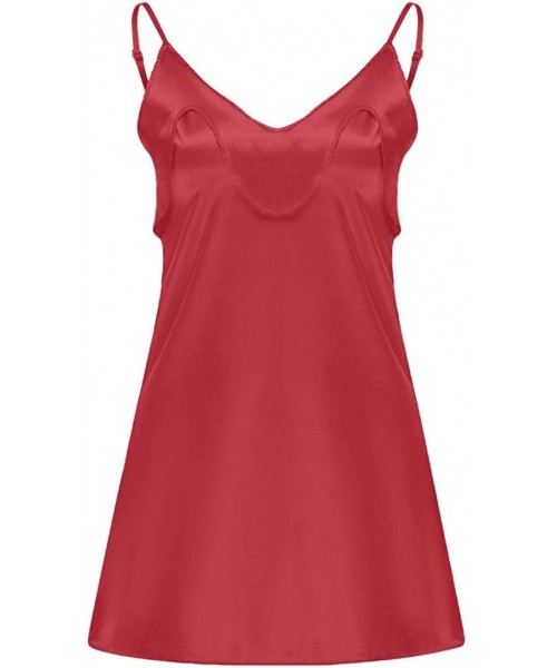 Robes Satin Nightshirts Sexy Nightdress Spaghetti Strap Negligee Nightgown Chemise Slip with Deep V Neck - Red - C419772L3UL