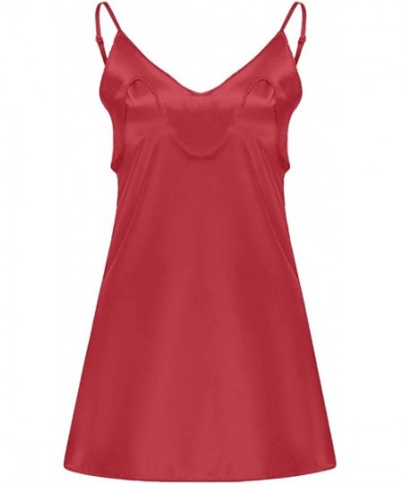 Robes Satin Nightshirts Sexy Nightdress Spaghetti Strap Negligee Nightgown Chemise Slip with Deep V Neck - Red - C419772L3UL