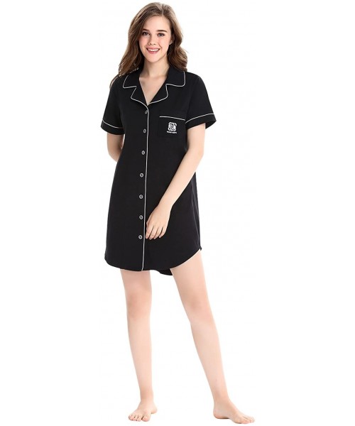 Nightgowns & Sleepshirts Womens Nightshirt Short Sleeves Pajama Boyfriend Shirt Dress Nightie Sleepwear PJ - Black-1 - C018ED...