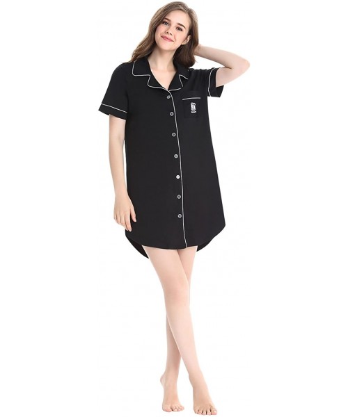 Nightgowns & Sleepshirts Womens Nightshirt Short Sleeves Pajama Boyfriend Shirt Dress Nightie Sleepwear PJ - Black-1 - C018ED...