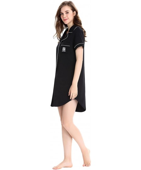 Nightgowns & Sleepshirts Womens Nightshirt Short Sleeves Pajama Boyfriend Shirt Dress Nightie Sleepwear PJ - Black-1 - C018ED...