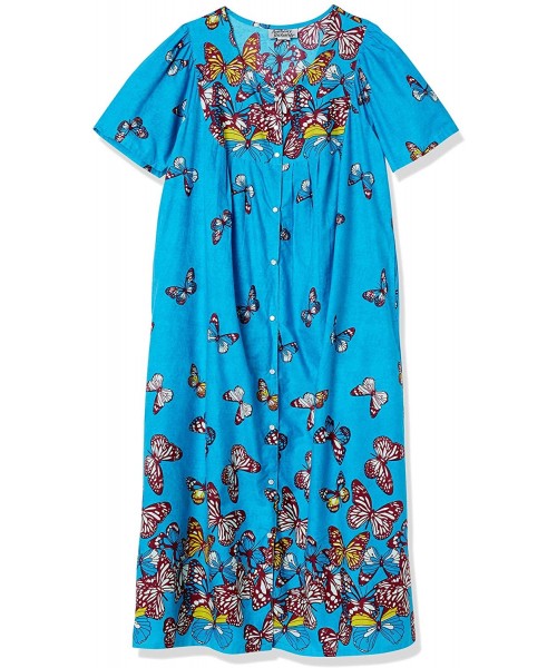 Nightgowns & Sleepshirts Women's Long House Dress with Pockets - Short Sleeve Patio Dress - Blue Butterflies - CB195HXGXRX