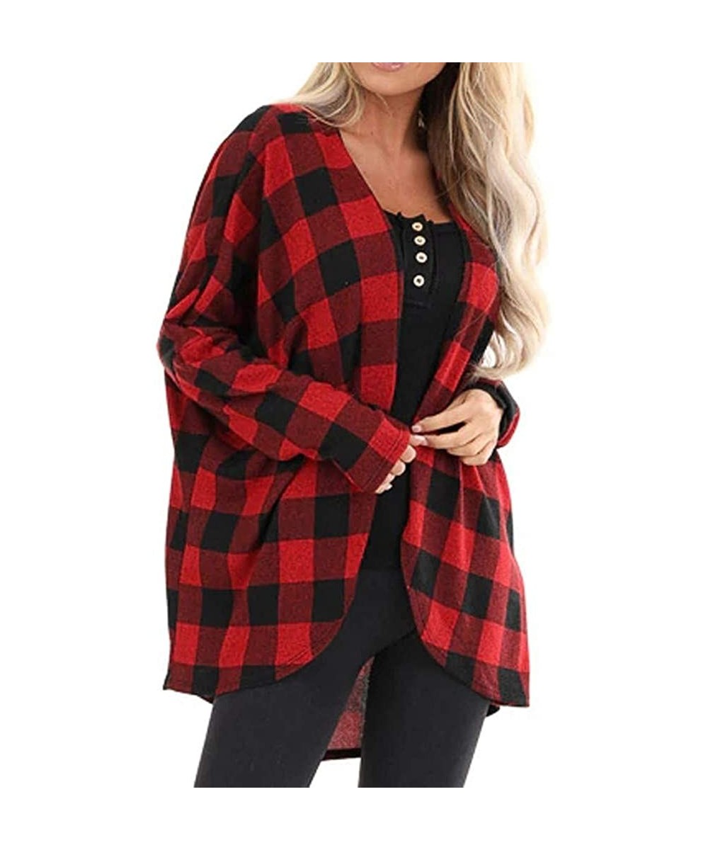 Thermal Underwear Women's Plaid Print Cardigan Jacket Pullover Open Front Coat Casual Outerwear - Red - CO19233DZXN