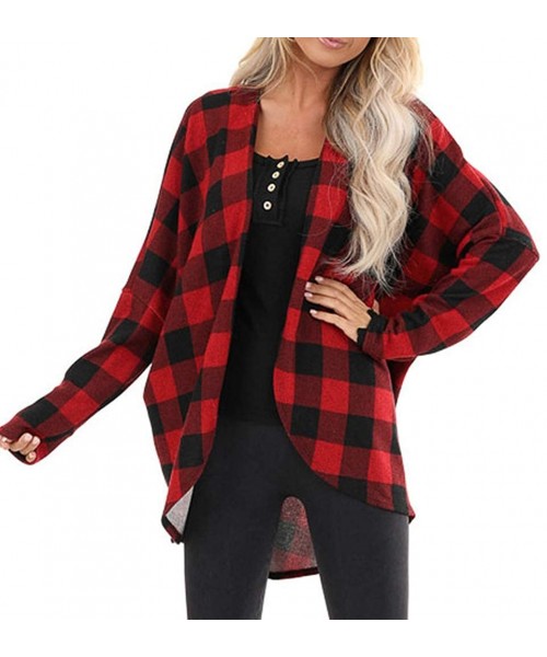 Thermal Underwear Women's Plaid Print Cardigan Jacket Pullover Open Front Coat Casual Outerwear - Red - CO19233DZXN