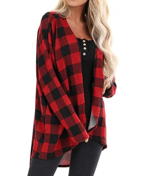 Thermal Underwear Women's Plaid Print Cardigan Jacket Pullover Open Front Coat Casual Outerwear - Red - CO19233DZXN