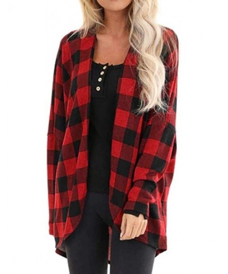 Thermal Underwear Women's Plaid Print Cardigan Jacket Pullover Open Front Coat Casual Outerwear - Red - CO19233DZXN