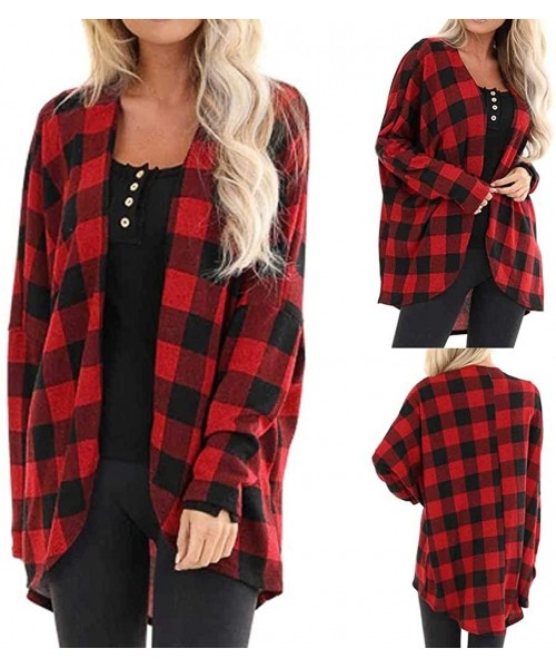 Thermal Underwear Women's Plaid Print Cardigan Jacket Pullover Open Front Coat Casual Outerwear - Red - CO19233DZXN